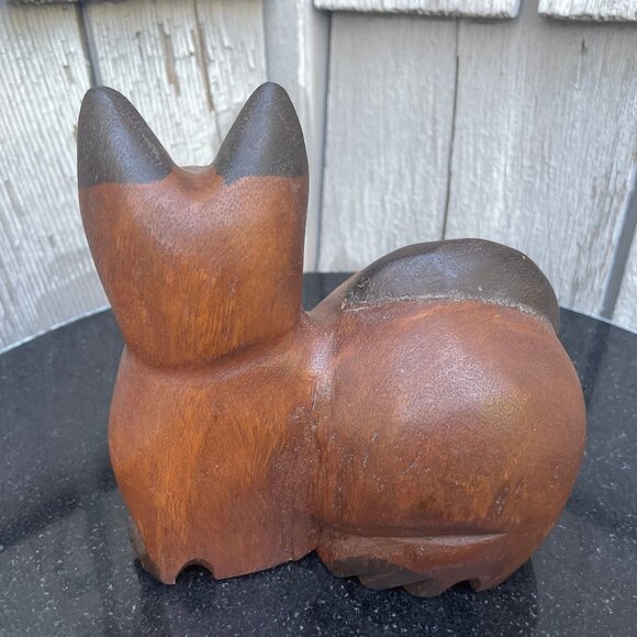 Wooden Simese Cat Figurine Sculpted MCM Hand Carved 5.5" x 5.5". - Picture 4 of 7